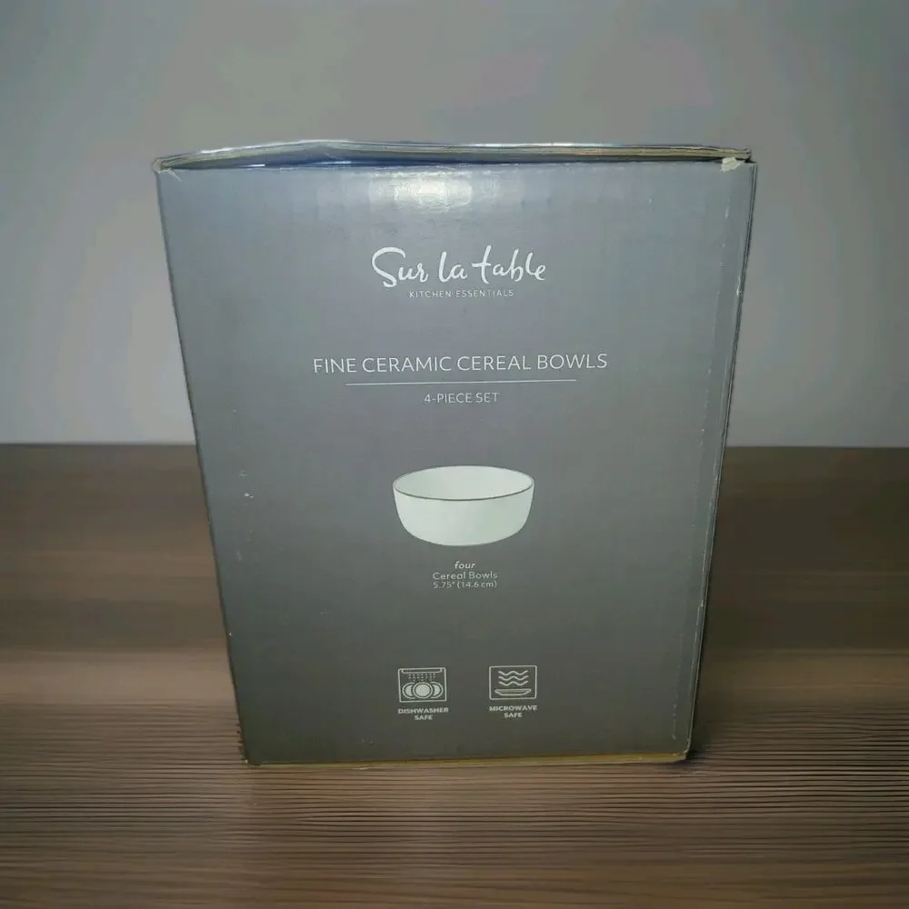 Sur La Table White w/ Black Rim Stackable Cereal Bowls, Fine Ceramic, Set Of 4